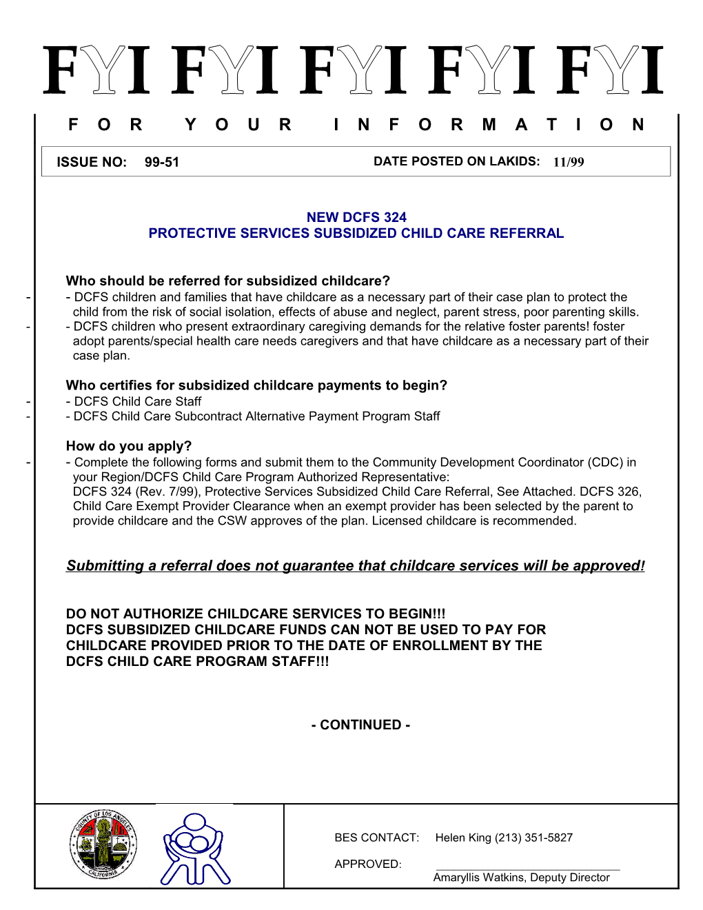 New DCFS 324 - Protective Services Subsidized Child Care Referral