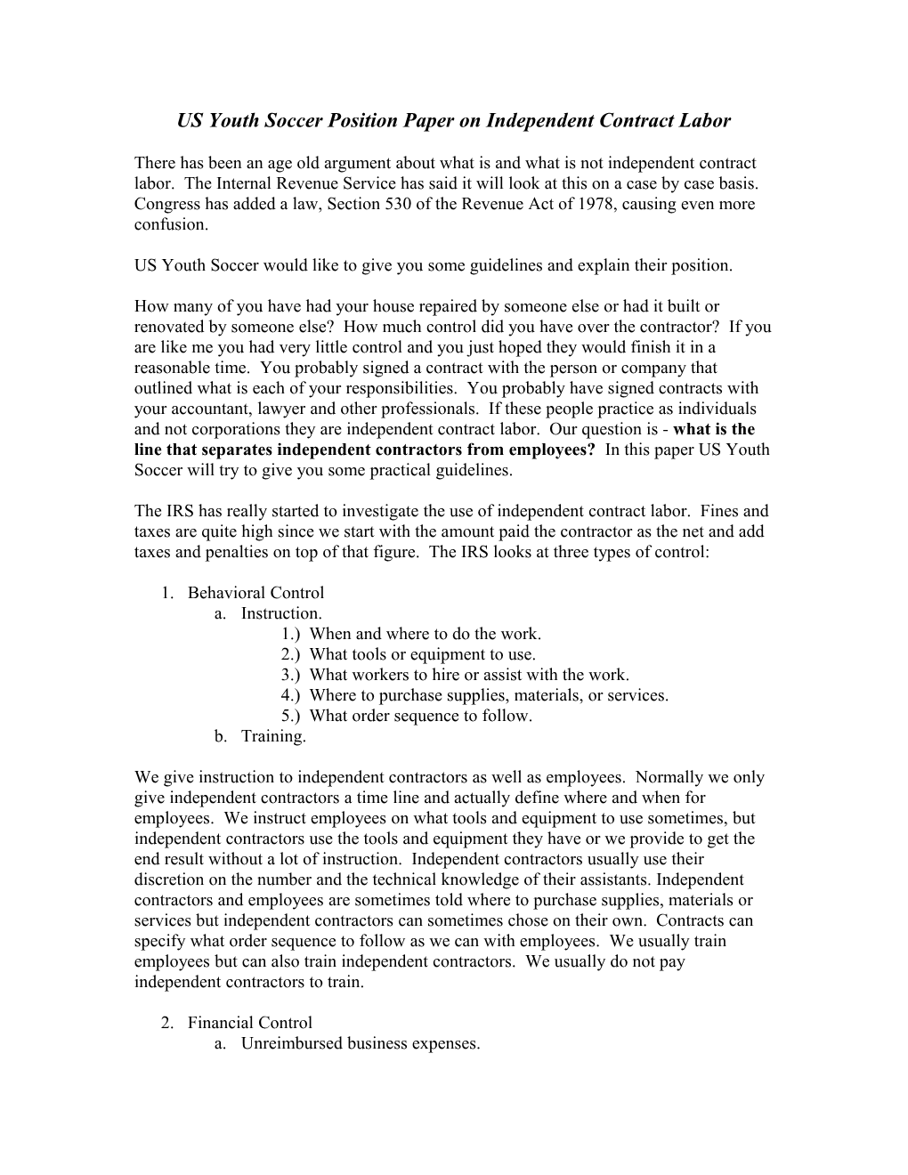 US Youth Soccer Position Paper on Contract Labor
