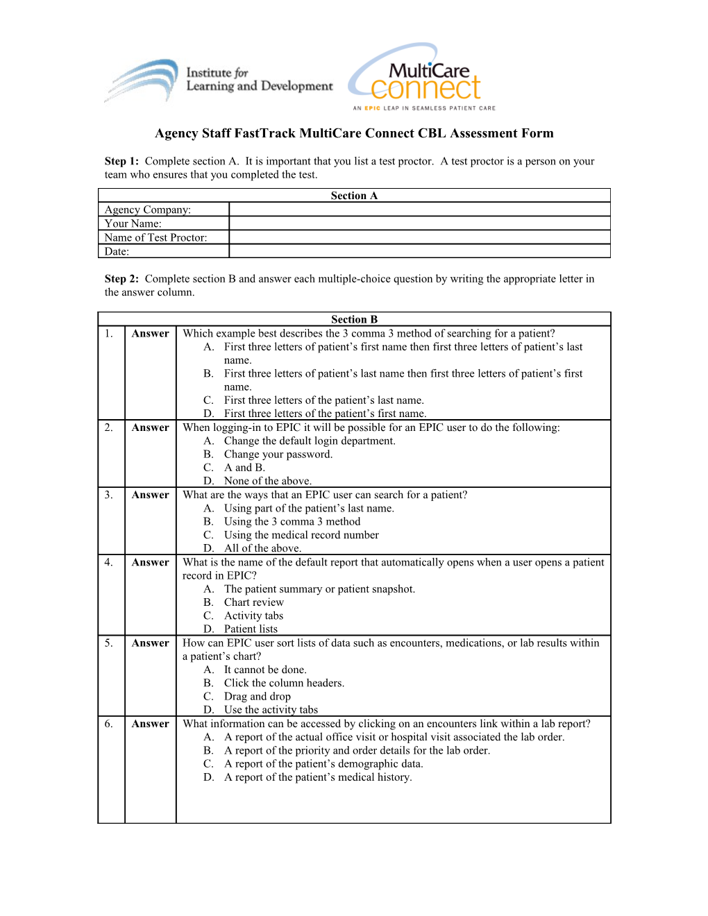 Agency Staff Fasttrack Multicare Connect CBL Assessment Form