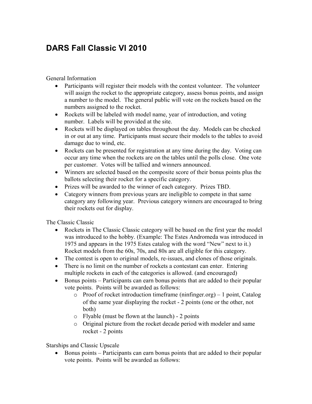 Rules, Operating Procedures and Events for the DARS Fall Classic