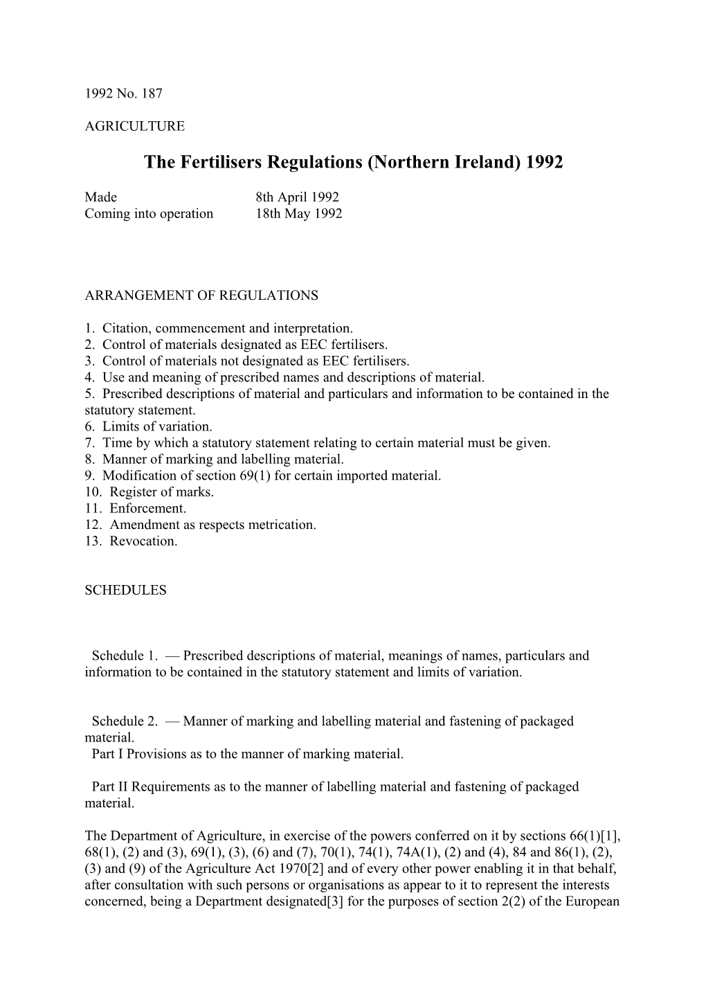 The Fertilisers Regulations (Northern Ireland) 1992