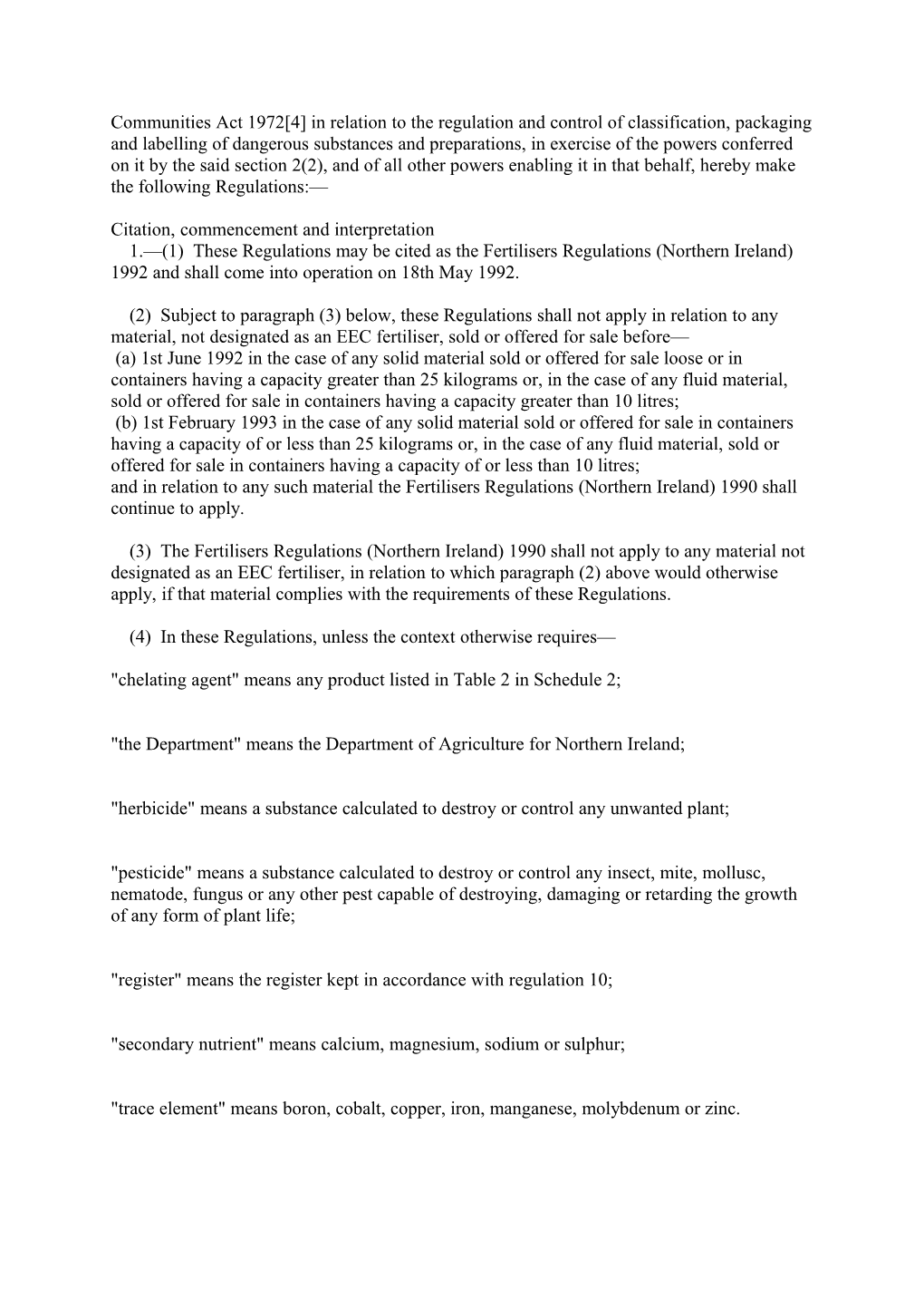 The Fertilisers Regulations (Northern Ireland) 1992