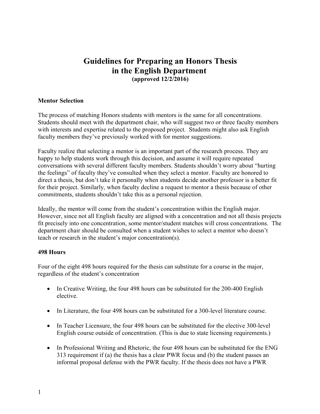 Guidelines for Preparing an Honors Thesis