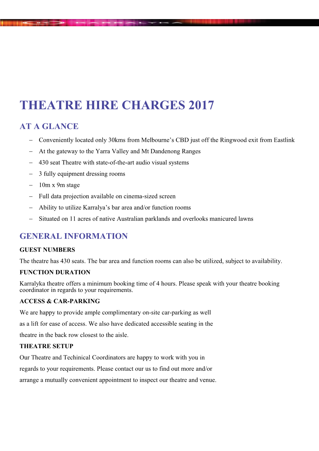 Theatre Hire Charges 2017
