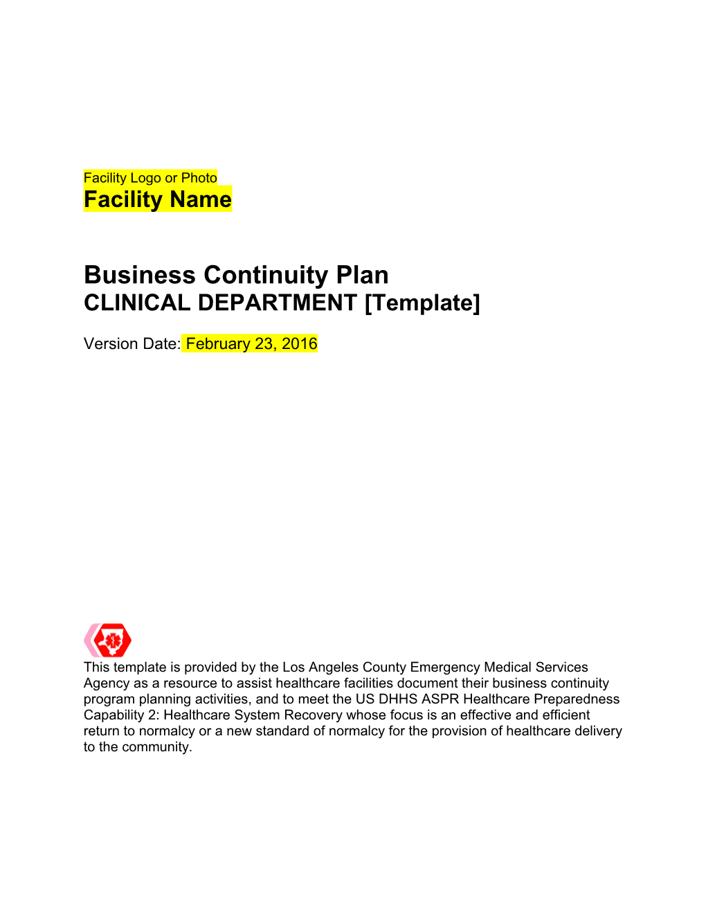Business Continuity Plan: Clinical Department