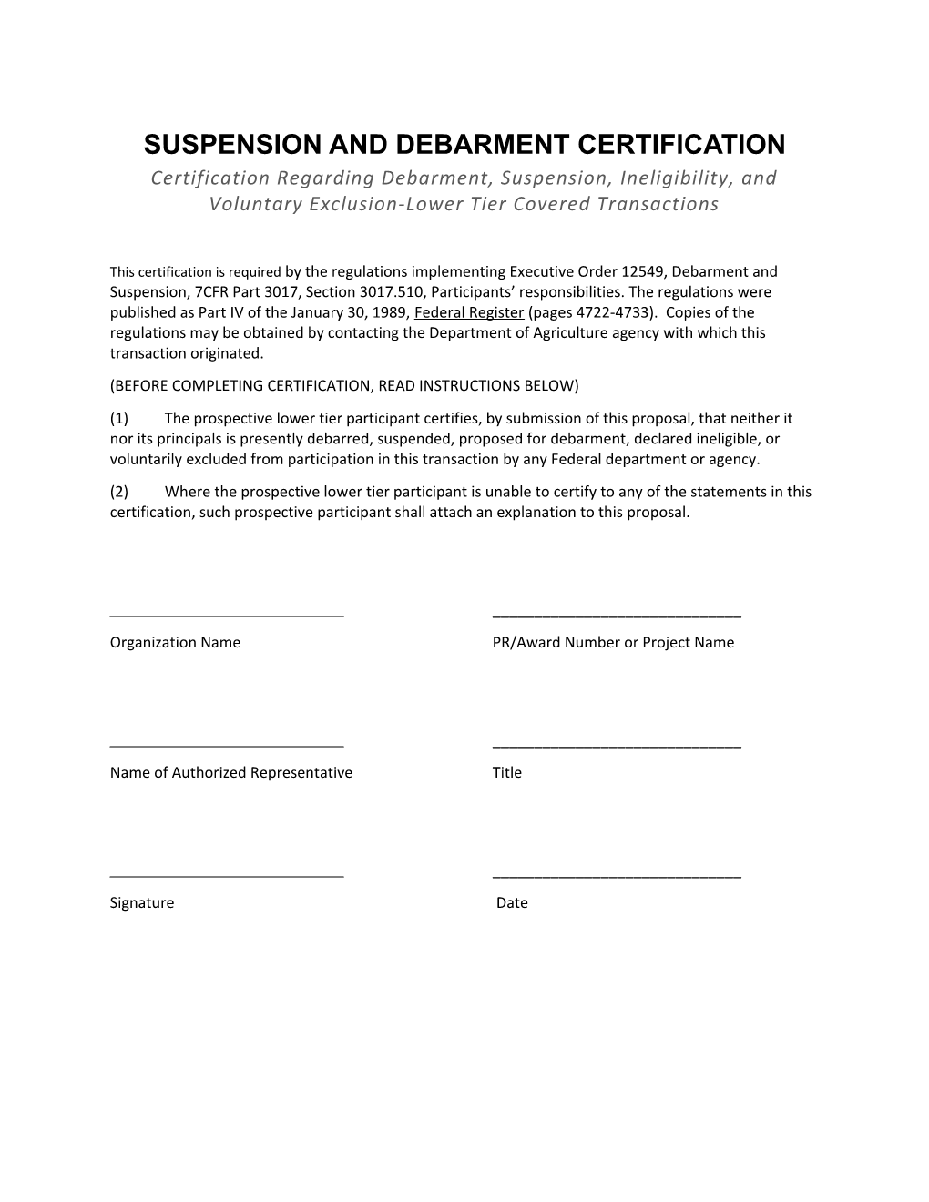 Suspension and Debarment Certification