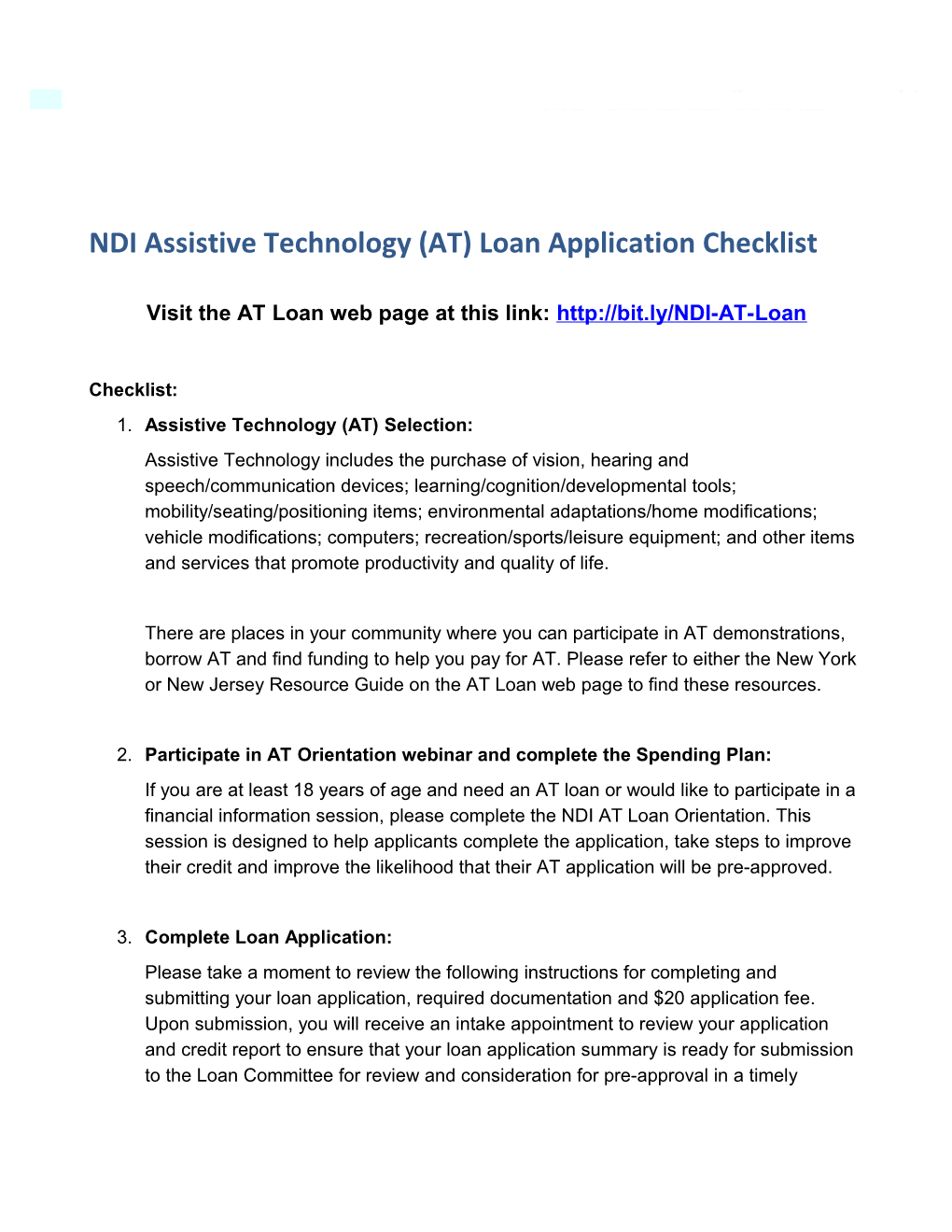 NDI Assistive Technology (AT) Loan Application Checklist