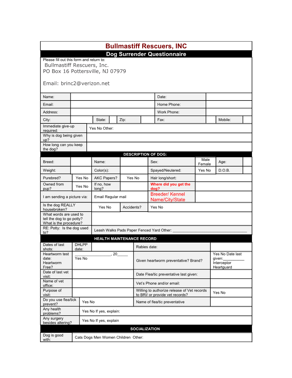 Owner Surrender Documentation