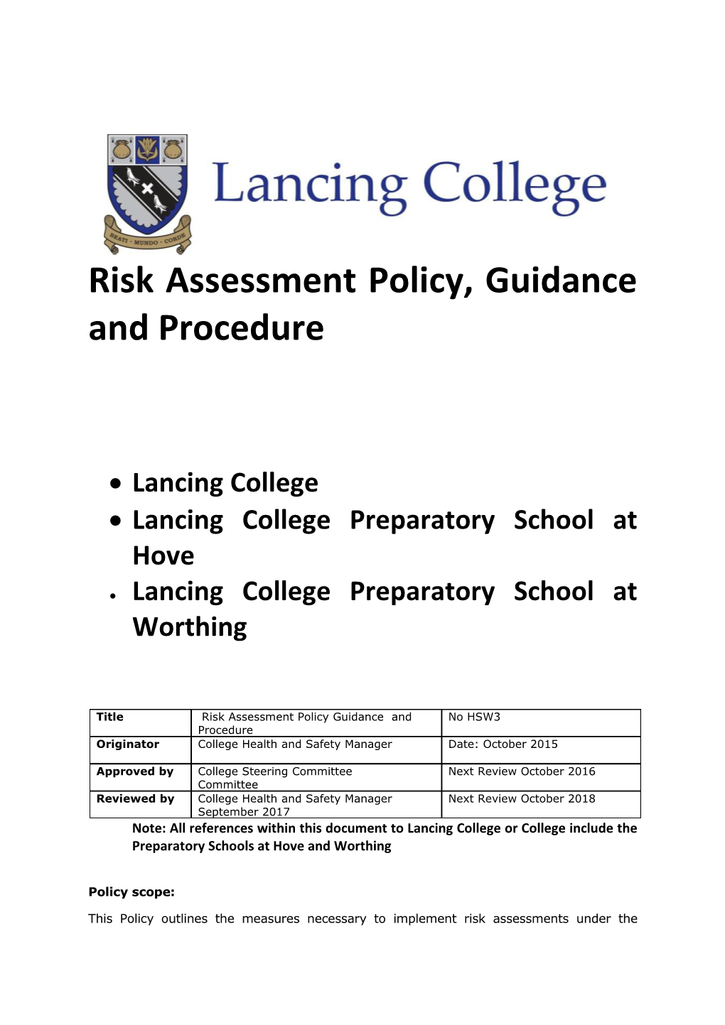 Risk Assessment Policy, Guidance and Procedure