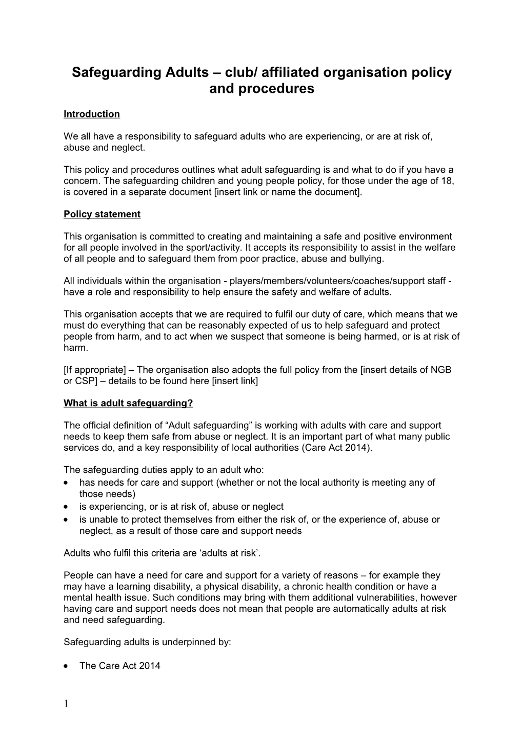 Safeguarding Adults Club/ Affiliated Organisation Policy and Procedures