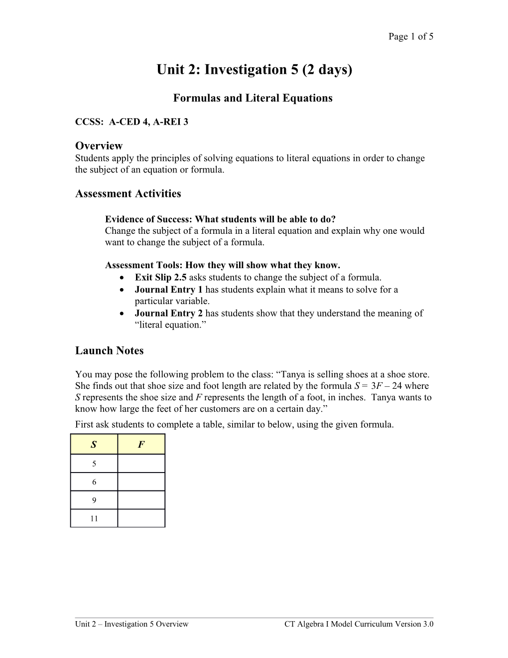 Unit 2 Investigation 5 Formulas and Literal Equations (2 Days)