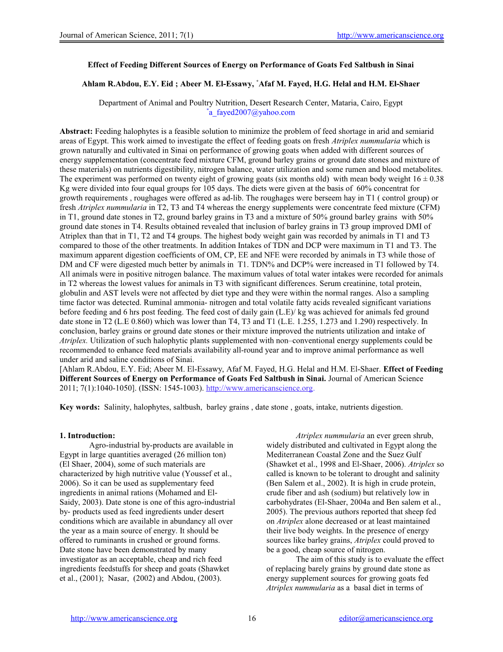 Effect of Feeding Different Sources of Energy on Performance of Goats Fed Saltbush in Sinai