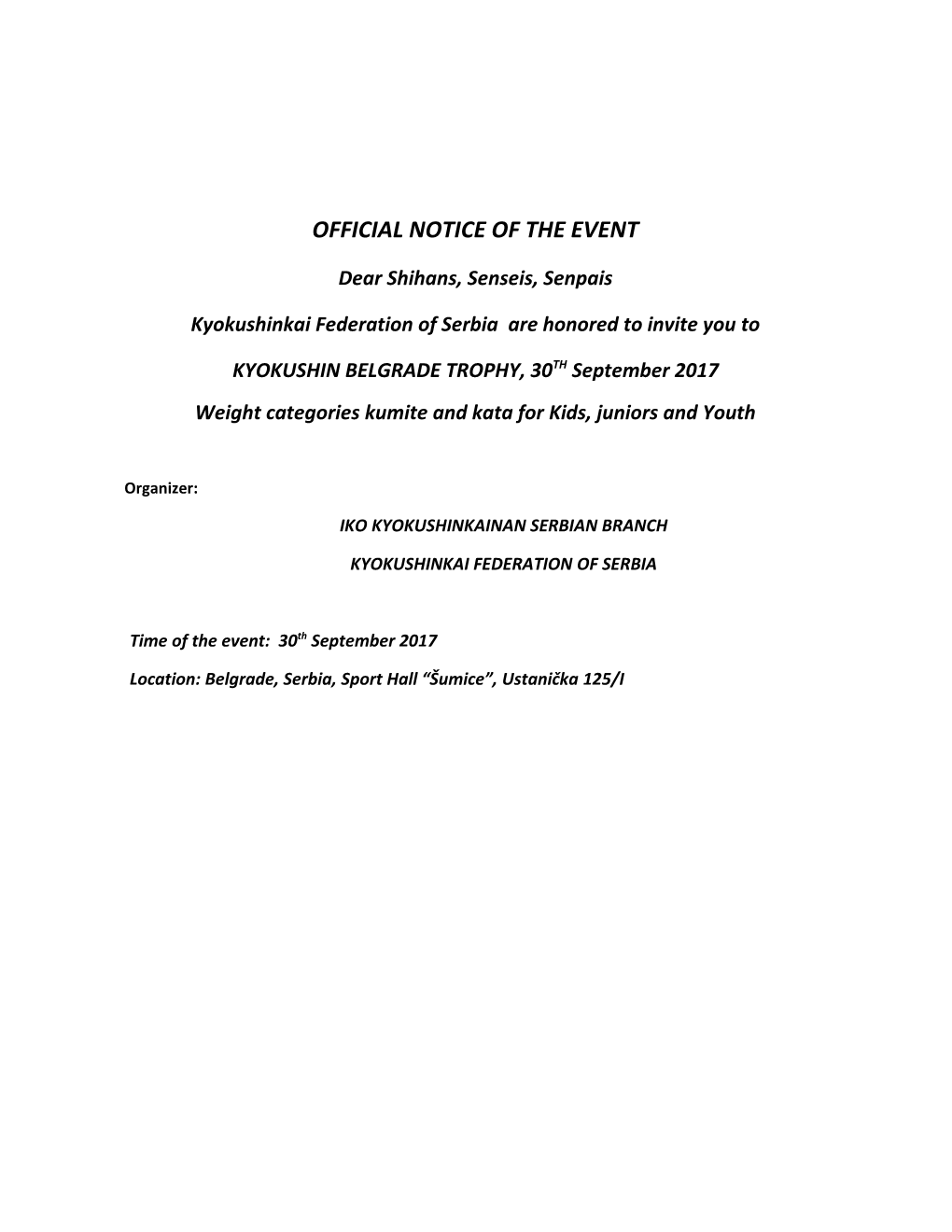Official Notice of the Event
