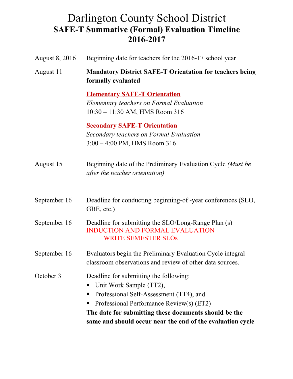 SAFE-T Summative (Formal) Evaluation Timeline