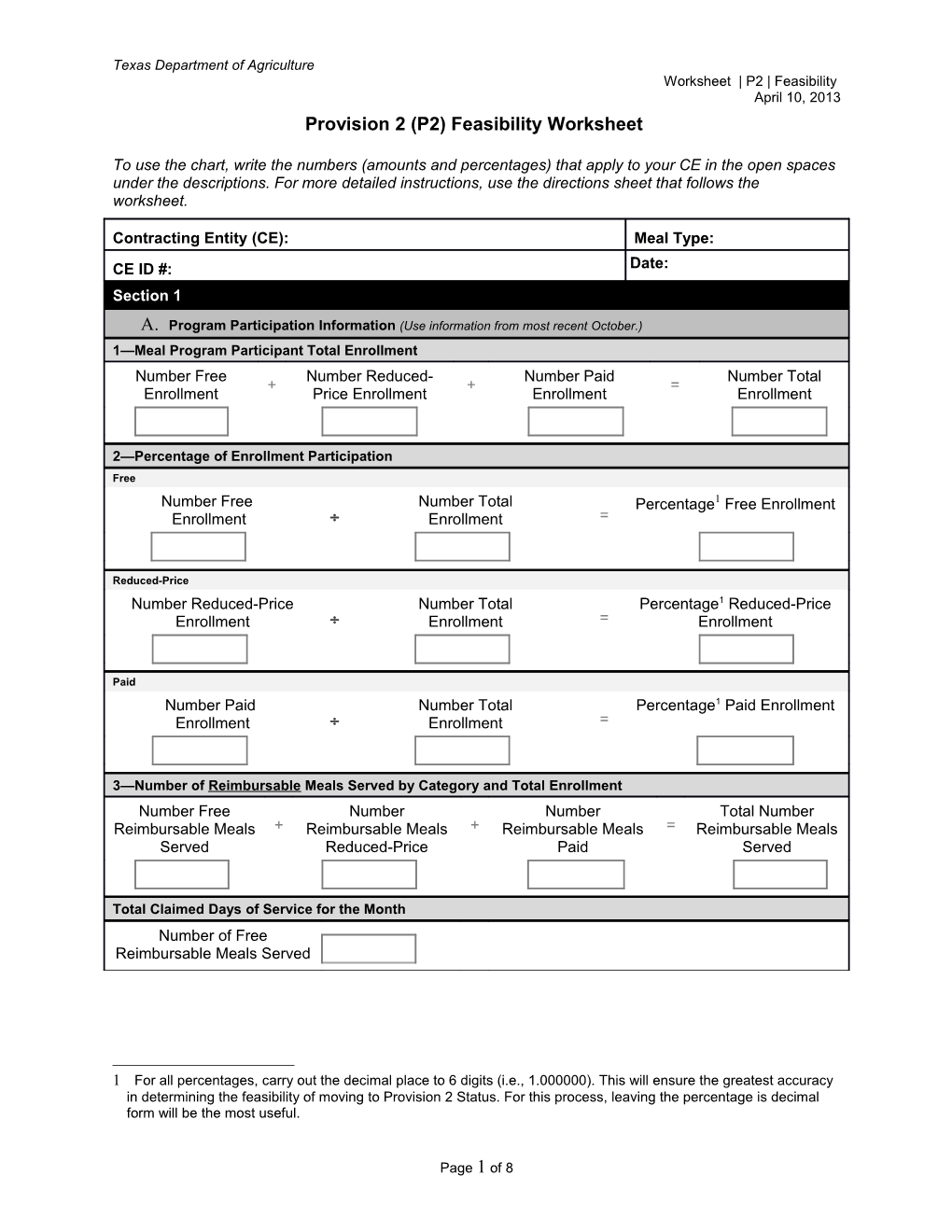 Provision 2 (P2) Feasibility Worksheet