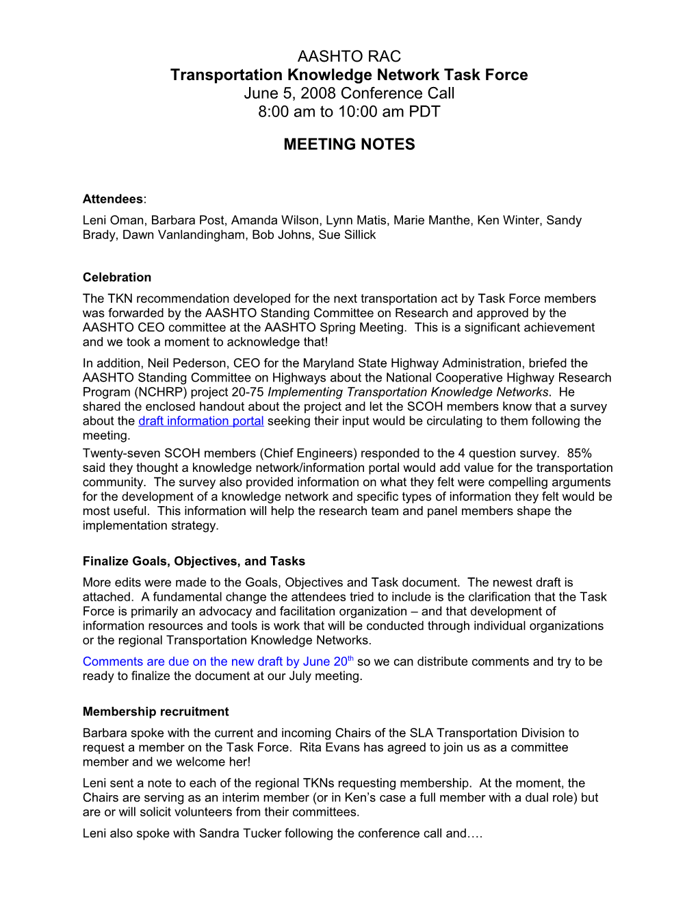 TKN Task Force Meeting Notes: June 5, 2008
