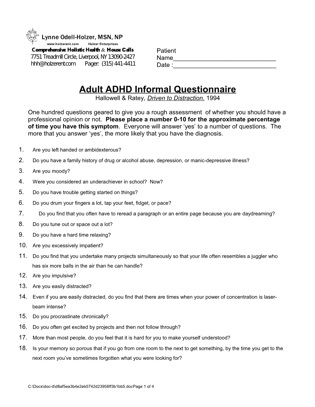 Adult ADHD Informal Questionnaire