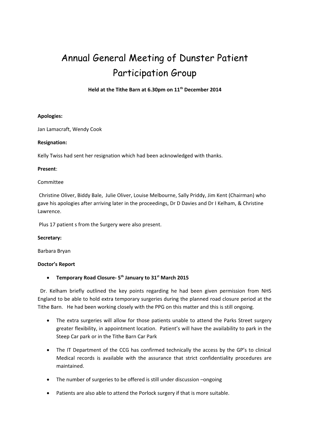 Annual General Meeting of Dunster Patient Participation Group
