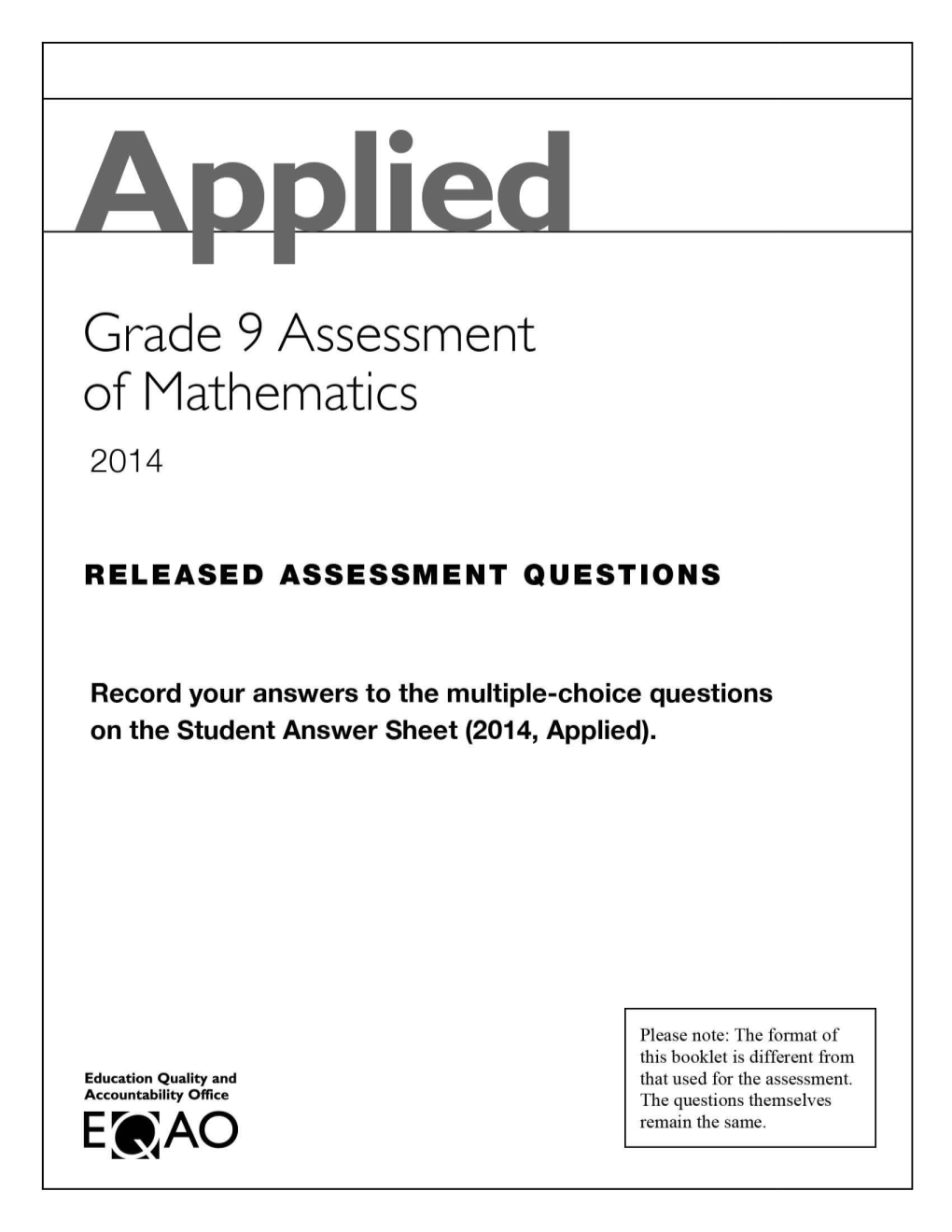 Grade 9, Assessment of Mathematics: Applied, Sample Assessment Booklet: Word, 2014