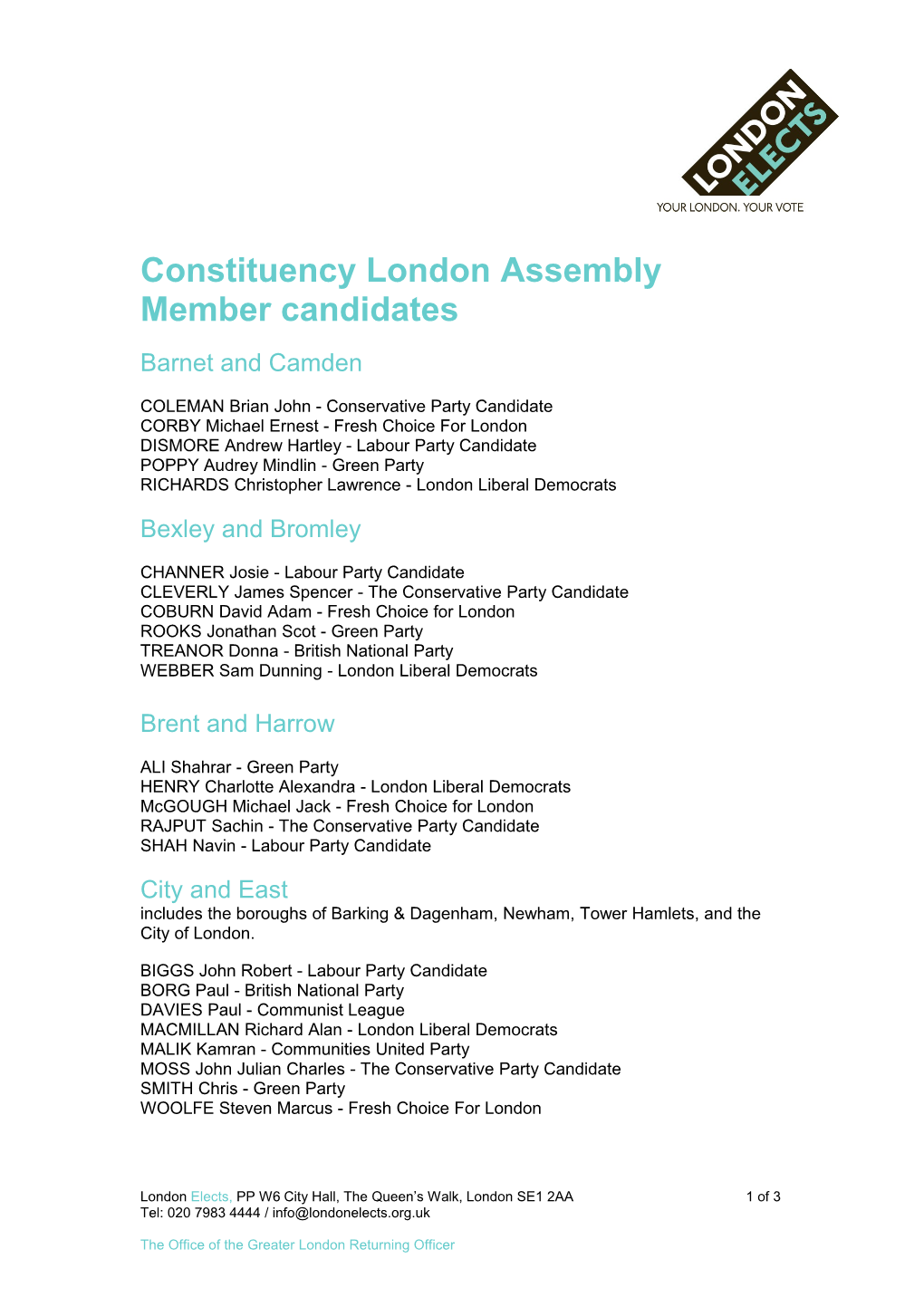 Constituency London Assembly Member Candidates