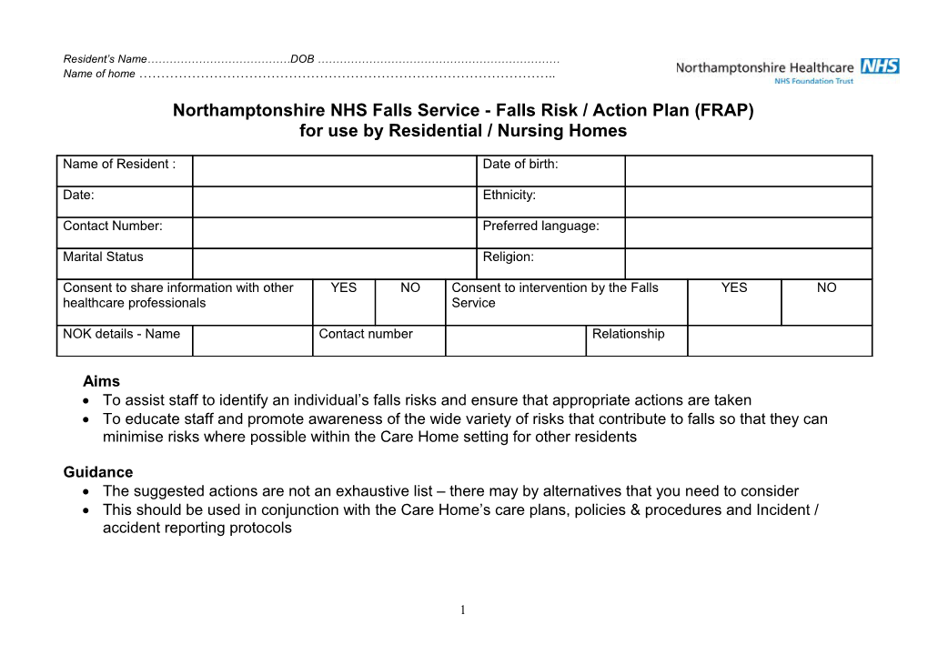 Northamptonshire NHS Falls Service - Falls Risk / Action Plan (FRAP)