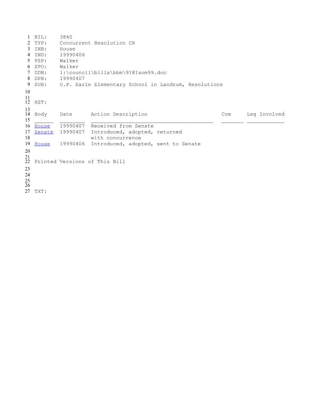 1999-2000 Bill 3840: O.P. Earle Elementary School in Landrum, Resolutions - South Carolina