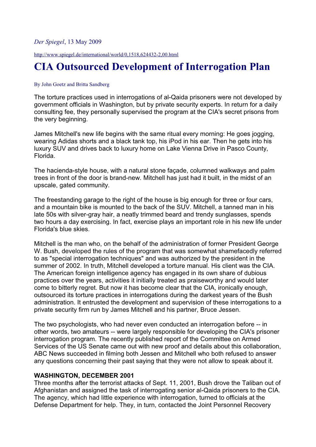 CIA Outsourced Development of Interrogation Plan