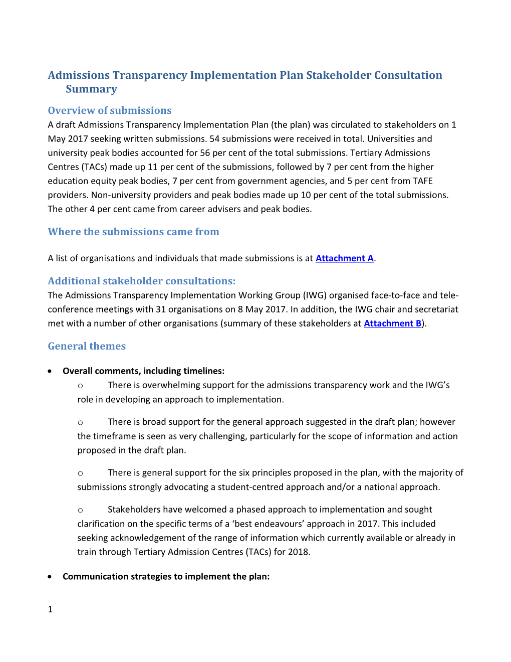 Admissions Transparency Implementation Plan Stakeholder Consultation Summary