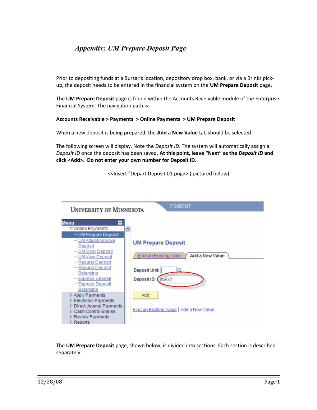 Appendix: UM Prepare Deposit Page