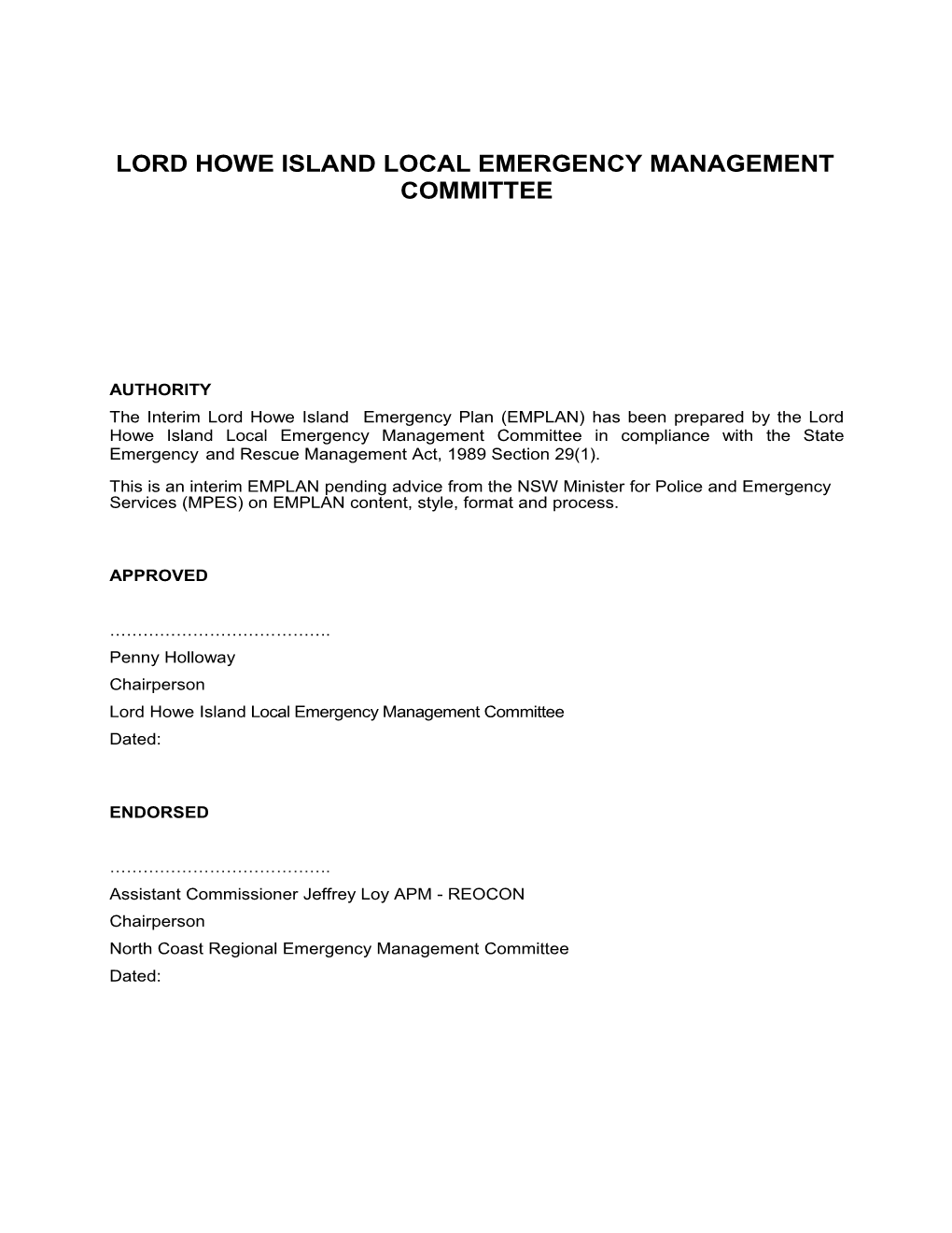 Lord Howe Island Local Emergency Managementcommittee