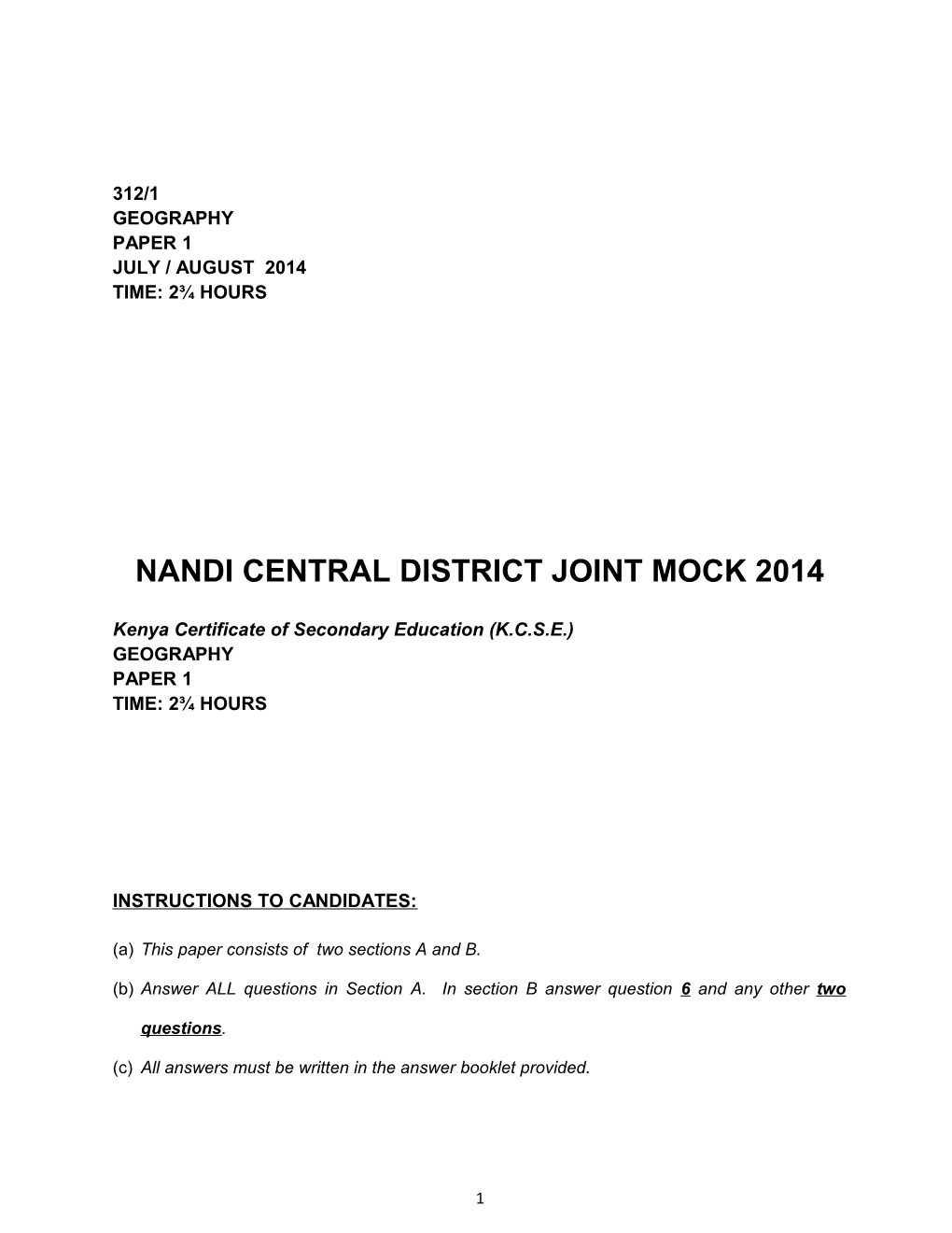 Nandi Central District Joint Mock 2014