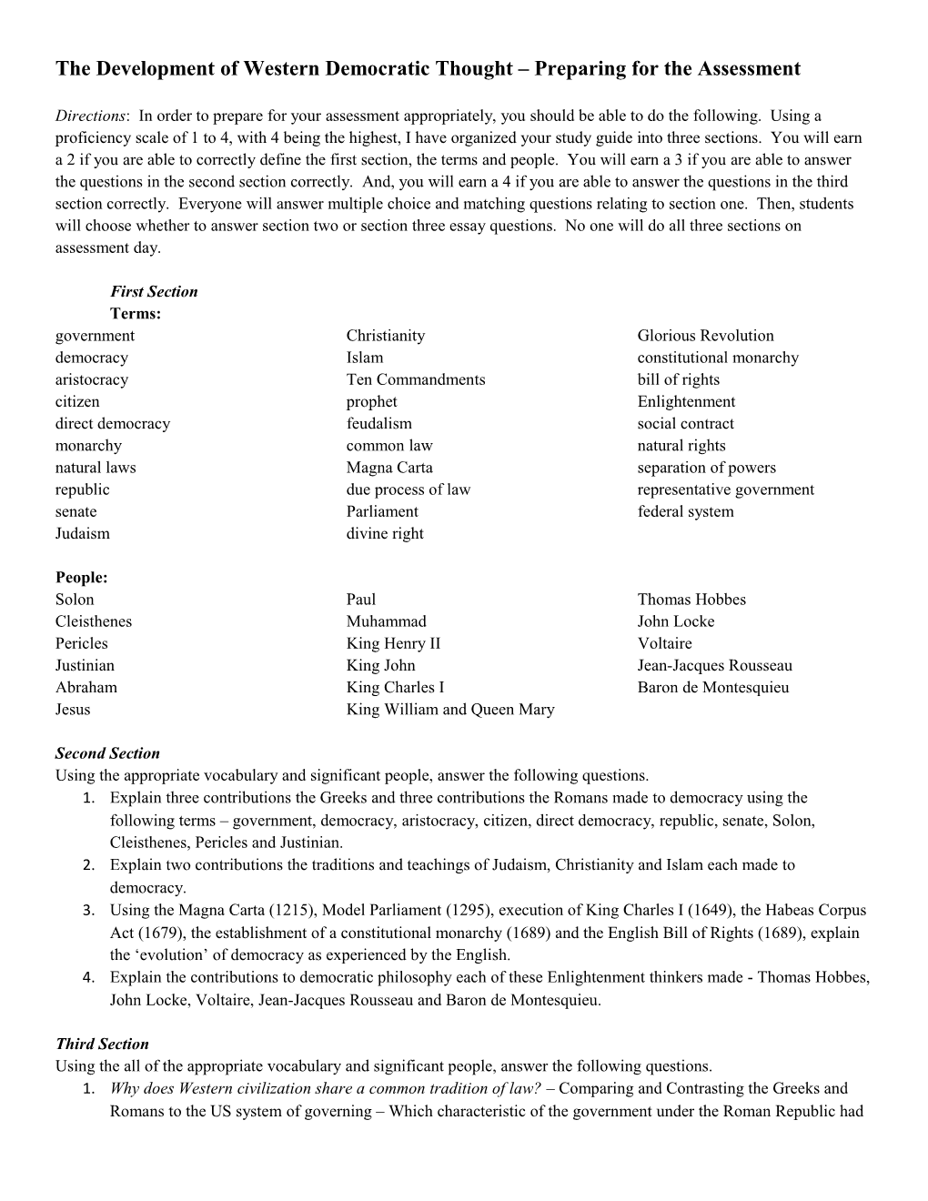 The Development of Western Democratic Thought Preparing for the Assessment