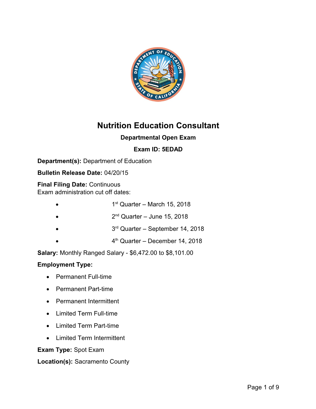 Nutrition Ed Cons. - Jobs at CDE (CA Dept of Education)