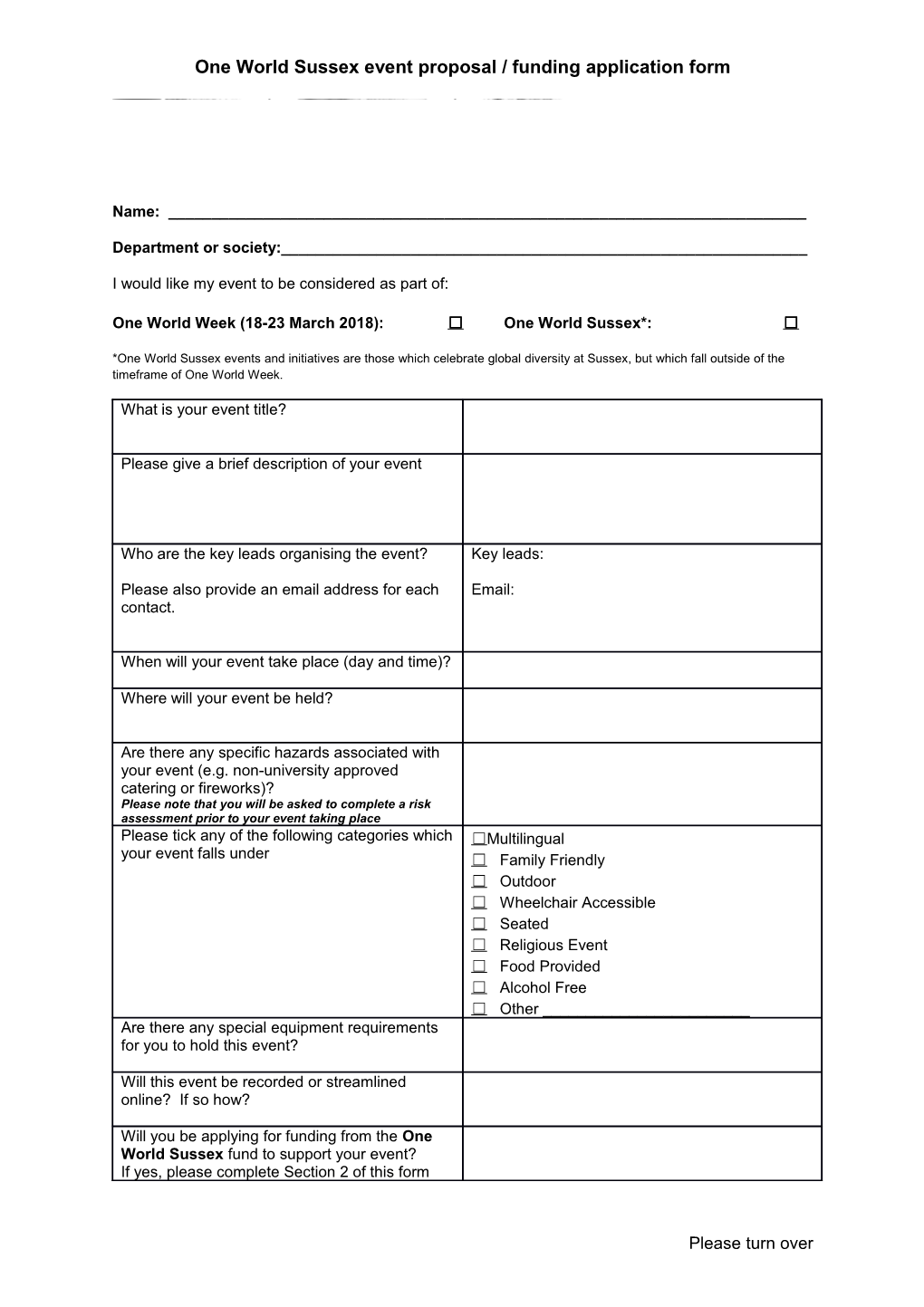 One World Sussex Event Proposal / Funding Application Form