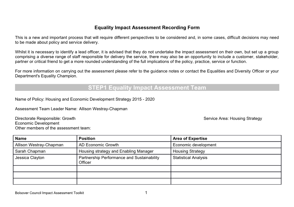 Equality Impact Assessment Recording Form
