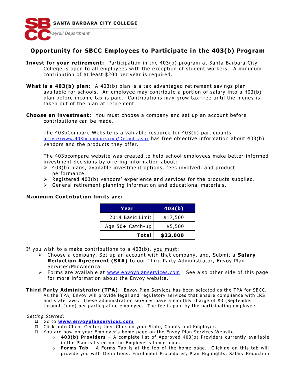 Opportunity for SBCC Employeesto Participate in the 403(B) Program