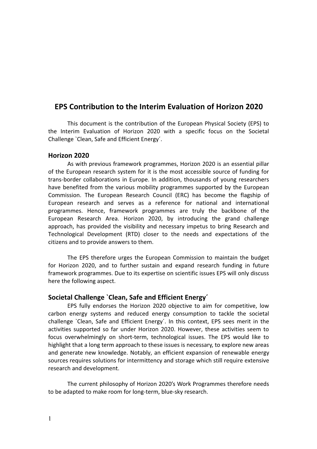 EPS Contribution to the Interim Evaluation of Horizon 2020