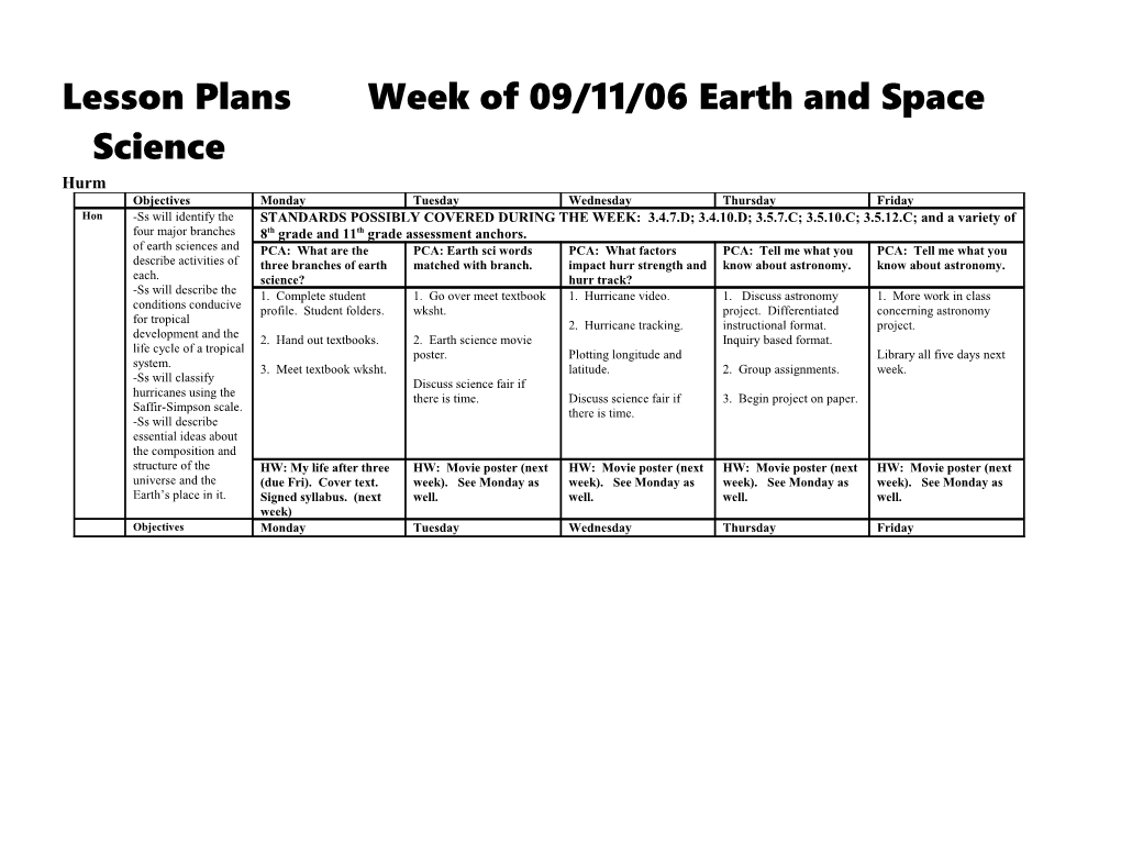 Lesson Plansweek of 09/11/06 Earth and Space Science