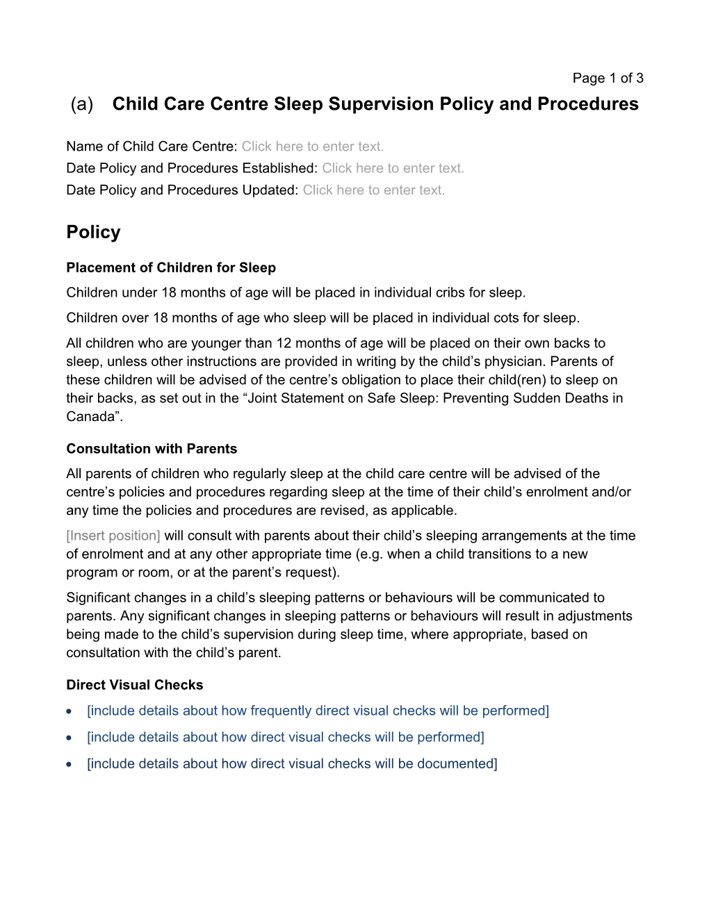 Child Care Centre Sleep Supervision Policy and Procedures