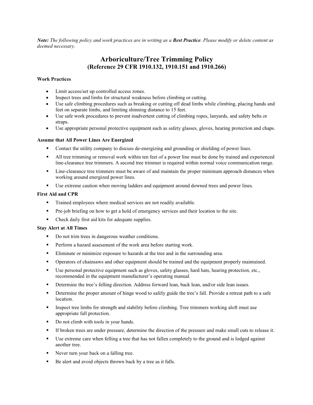 Arboriculture/Tree Trimming Policy