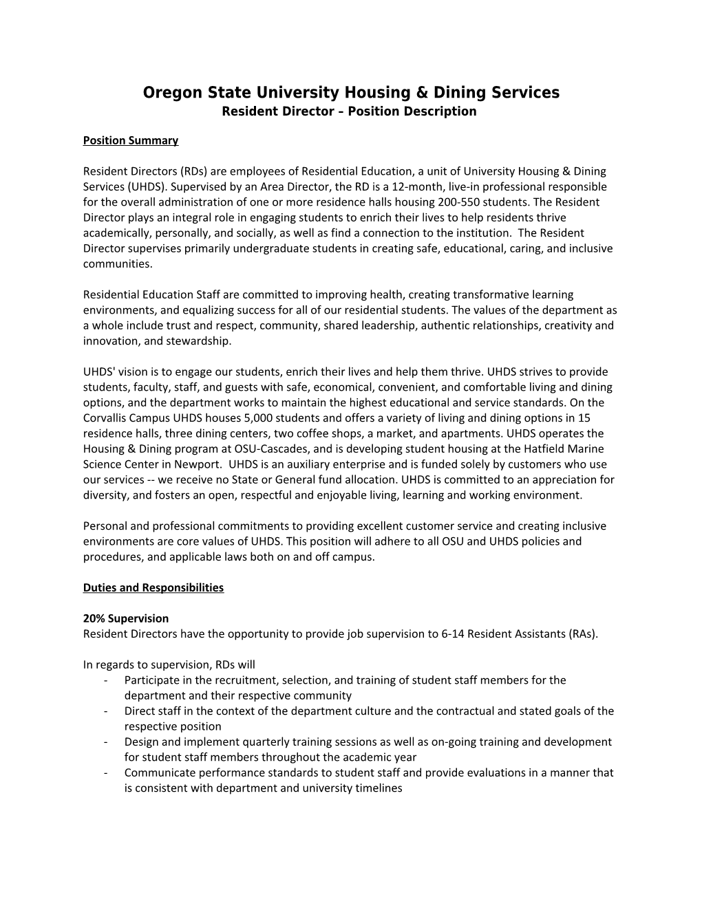 Oregon State University Housing & Dining Services Resident Director Position Description