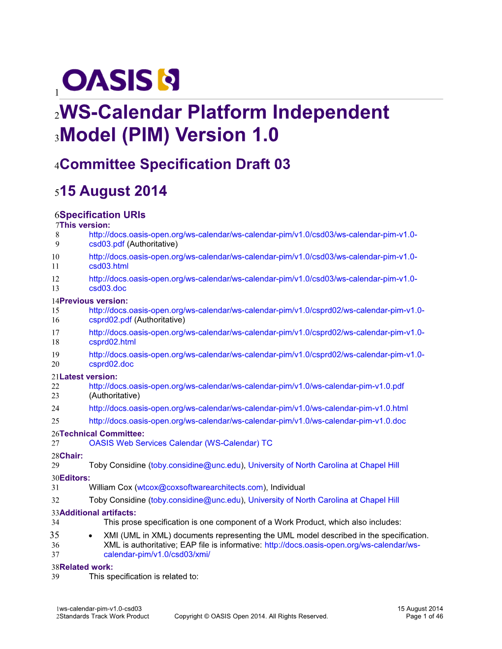 WS-Calendar Platform Independent Model (PIM) Version 1.0