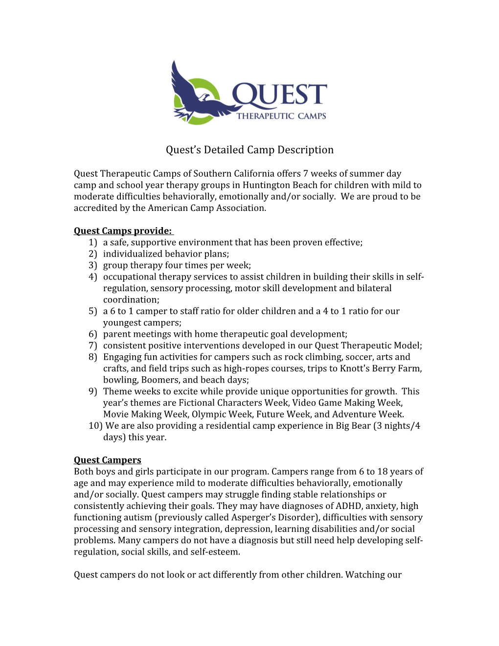 Quest S Detailed Camp Description