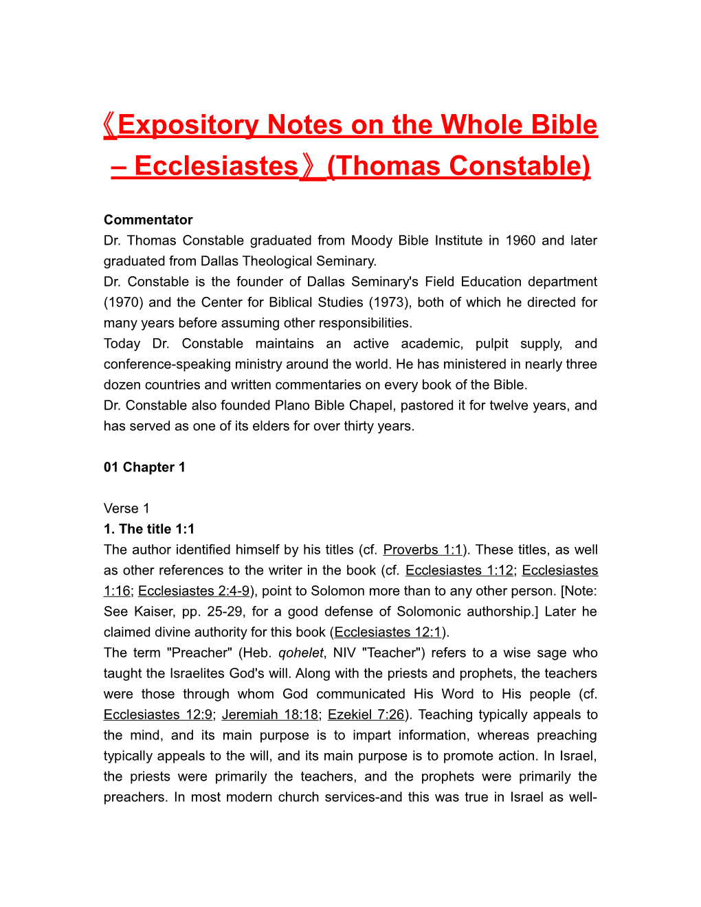 Expositorynotes on the Wholebible Ecclesiastes (Thomas Constable)