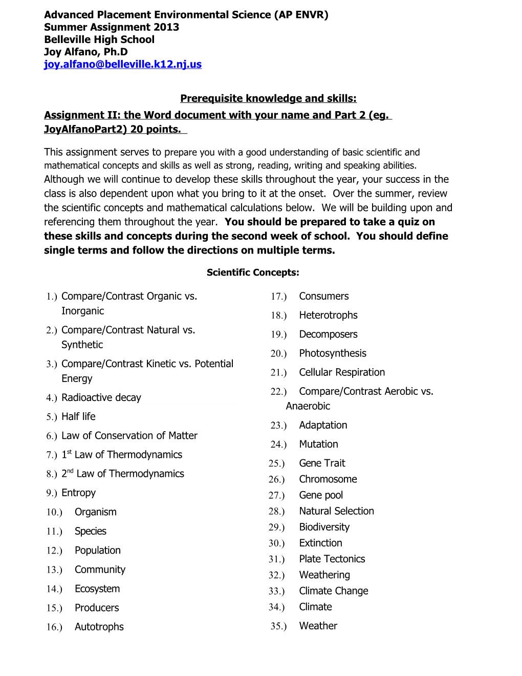 Advanced Placement Environmental Science (AP ENVR) Summer Assignment 2013