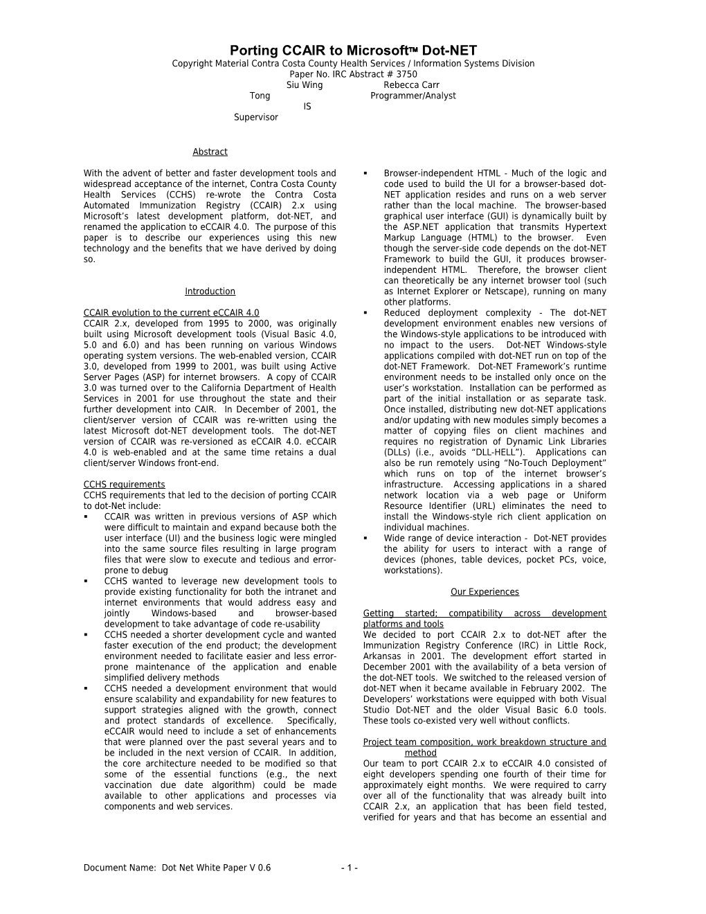 Porting CCAIR to Microsoft Dot-NET