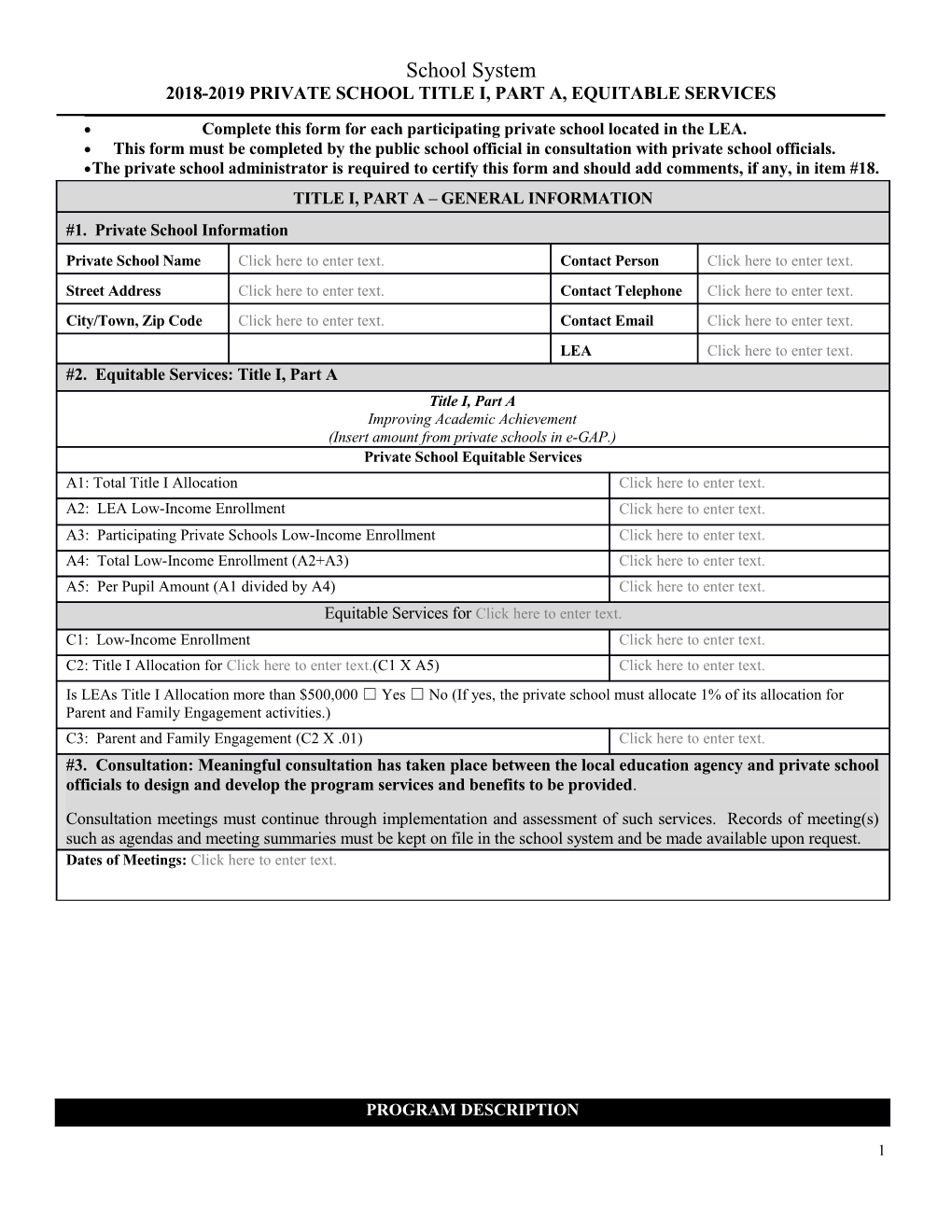 2018-2019 Private School Title I Worksheet and Service Agreement