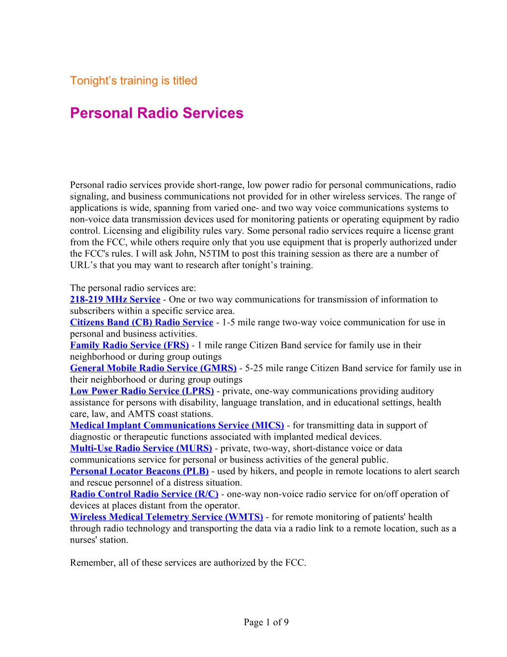 Personal Radio Services