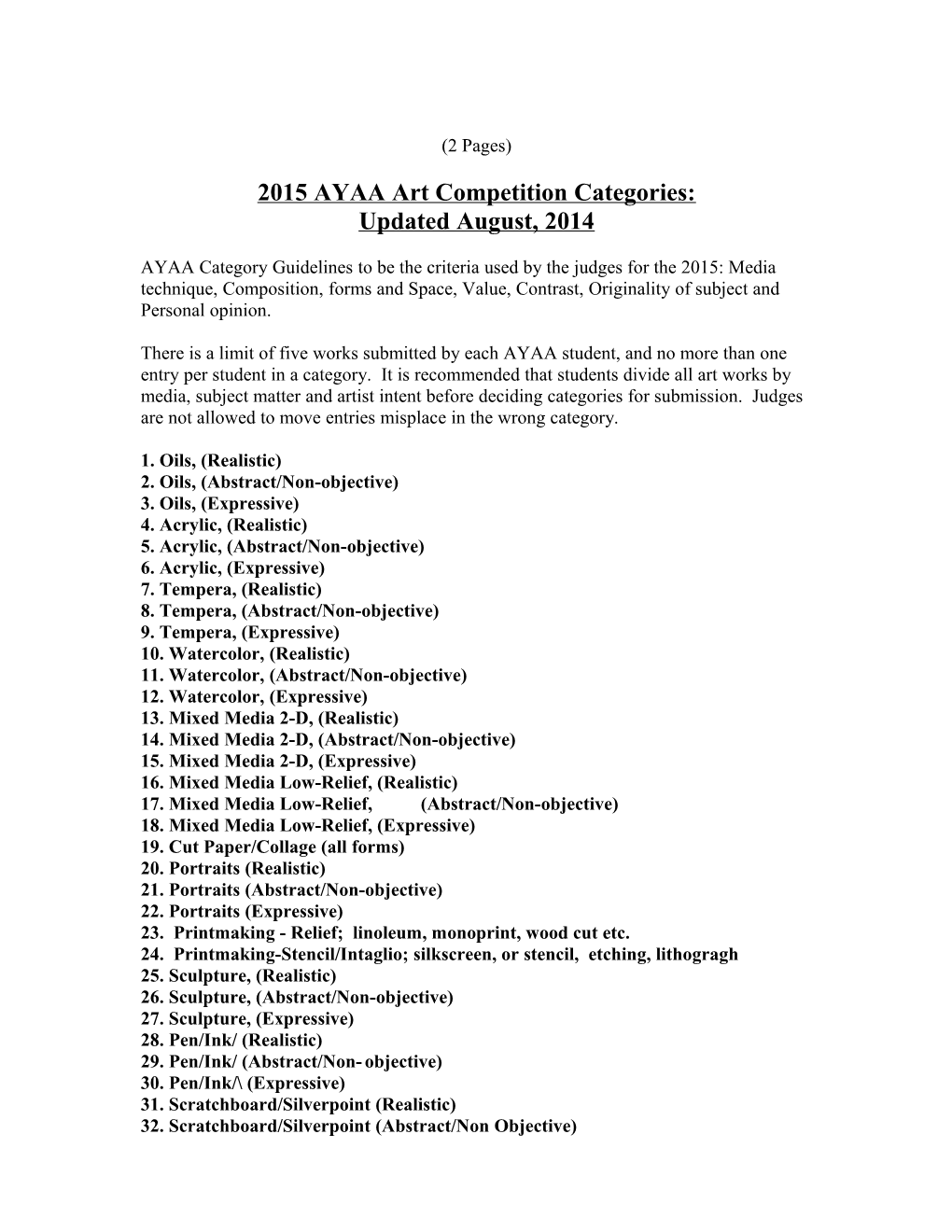 2009 AYAA Art Competition Categories