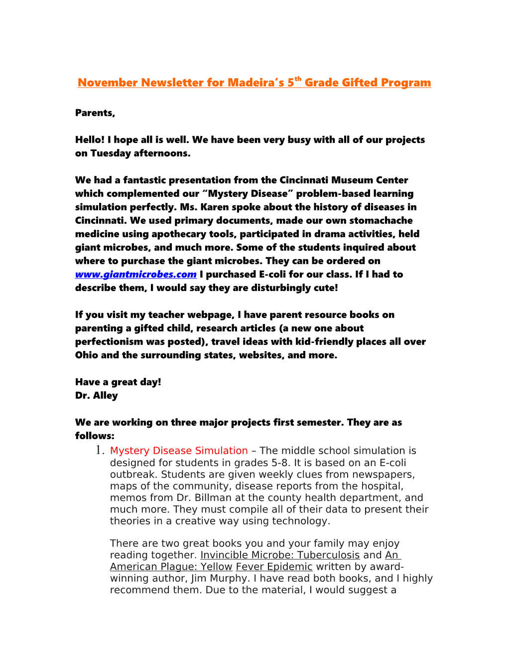 November Newsletter for Madeira S 5Th Grade Gifted Program